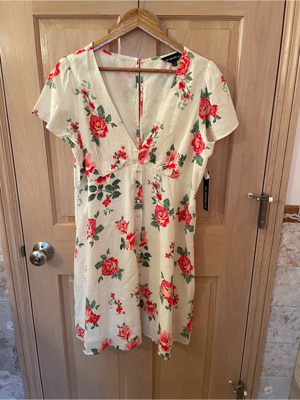 My Michelle Cream Mini Dress with Pink-Red Rose Print